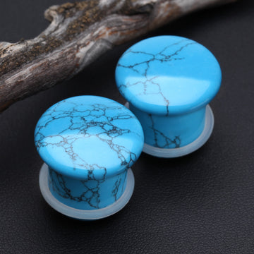 Detail View 1 of A Pair of Turquoise Convex Stone Single Flared Plug-Blue/Aqua